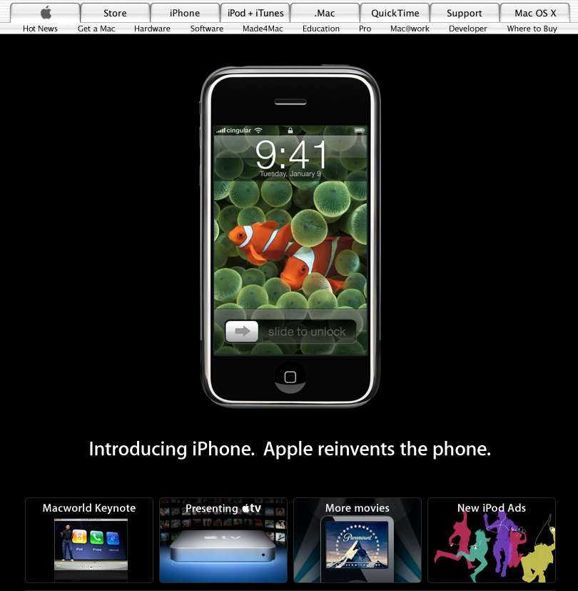Apple homepage showing original iPhone model (2007)
